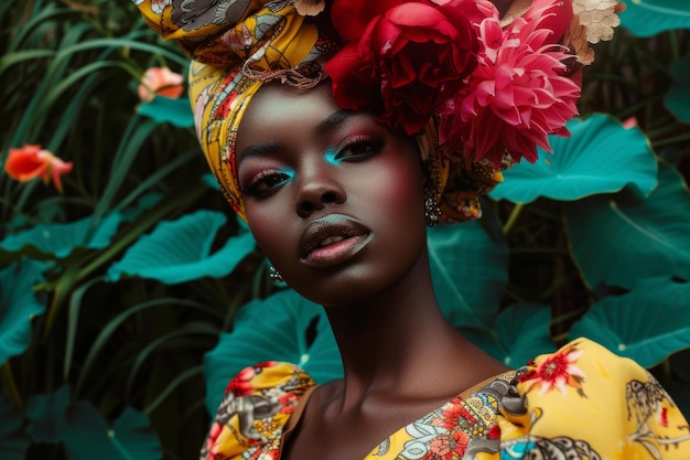 African beauty with floral headdress amongst greenery