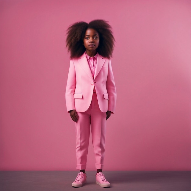 A african black young woman in pink suit with pink background