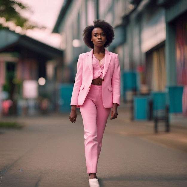 A african black young woman in pink suit with pink background