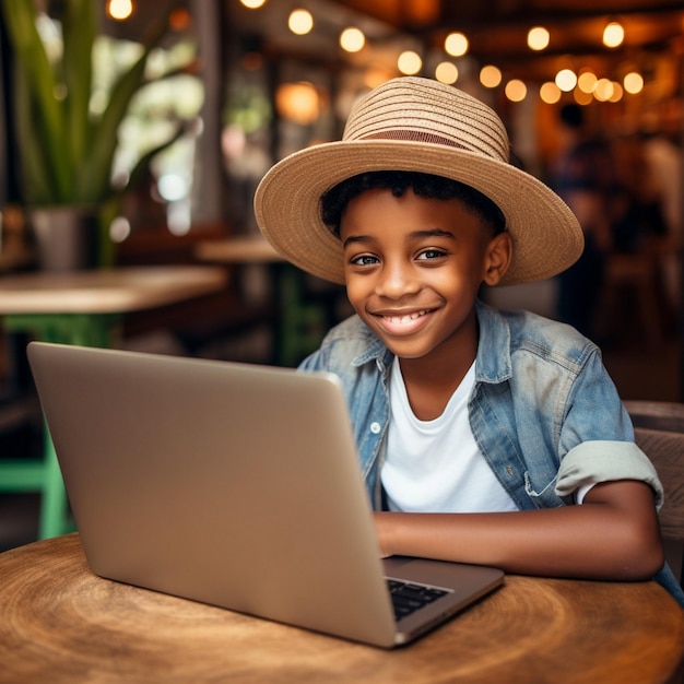 African boy engrossed in their work on a laptop AI generated