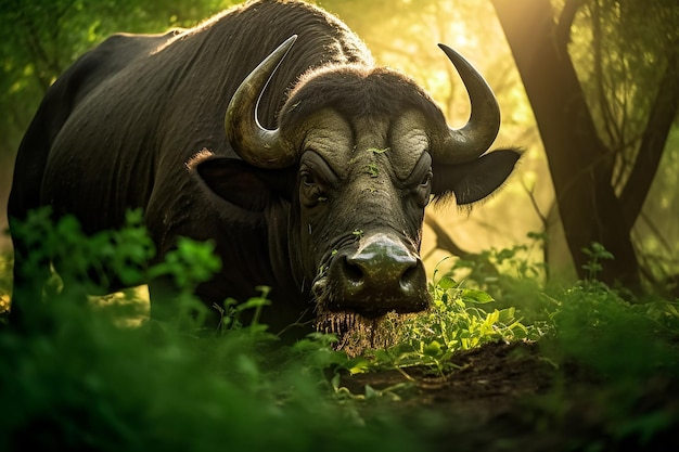 an African buffalo Syncerus caffer eating herbs in a green and fairylike forest