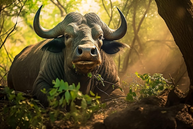 an African buffalo Syncerus caffer eating herbs in a green and fairylike forest