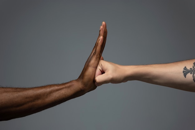 African and caucasian hands gesturing on gray studio background