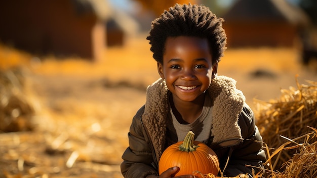 African child holding a pumpkin for Halloween