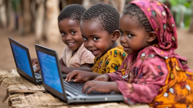 Photo african children learning with laptops