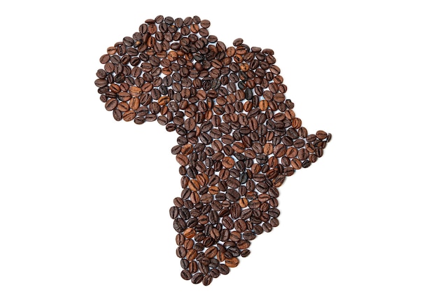 African continent shape made of coffee beans isolated on white background