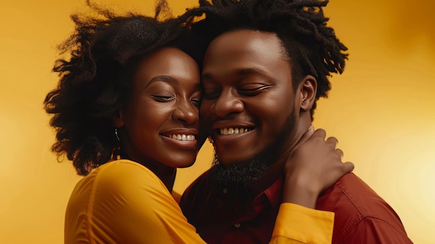 An african couple dances a happy dance together isolated yellow background