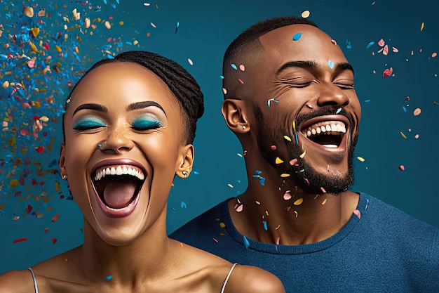 African couple enjoying a good moment during any celebration on blue background Generative AI