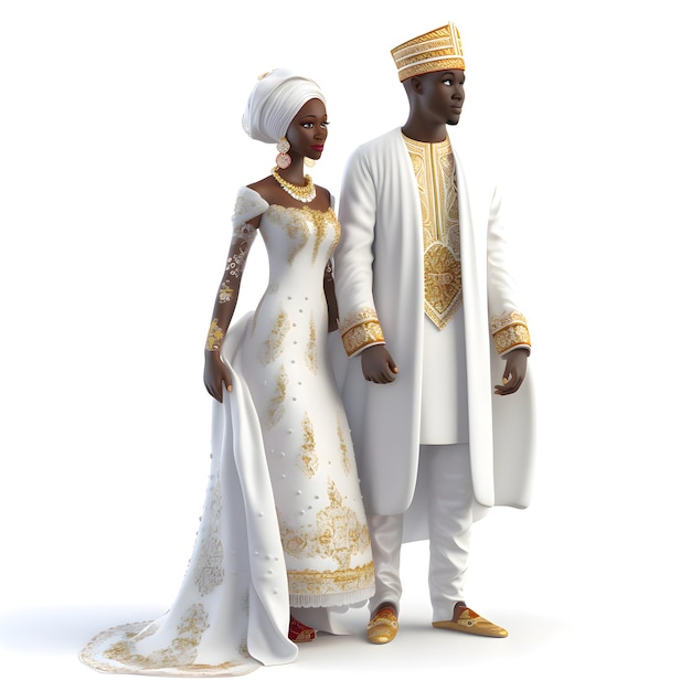 African couple in traditional clothes on white background 3D illustration