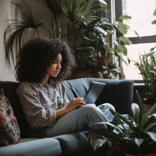 African curly girl 21 year old sitting on gray couch generative ai