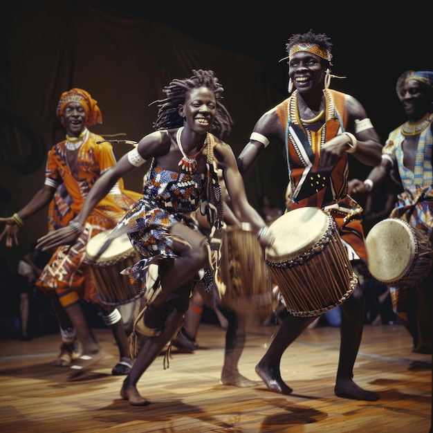 Photo african dancers perform a vibrant traditional dance with drums