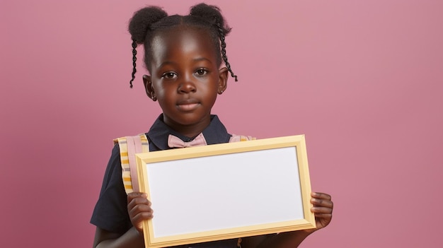 African descent schoolgirl with a blank mini frame against a pastel pink backdrop