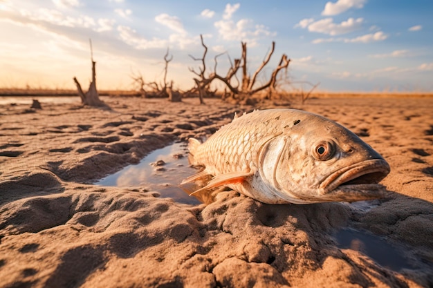 In an African desert the remains of fish scattered on parched land illustrating the dire consequences of water scarcity on the environment