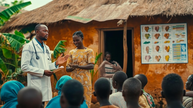 African doctor educating a woman in her village surrounded by attentive community members Health