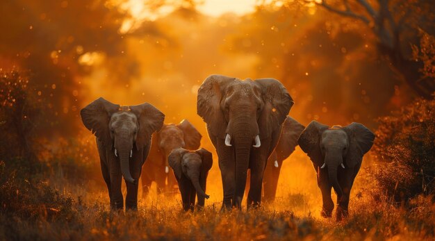 African Elephant Herd at Golden Hour