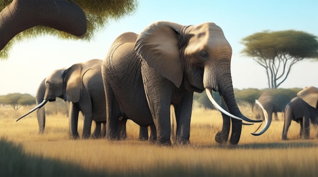 African elephant herd grazing in tranquil savannah