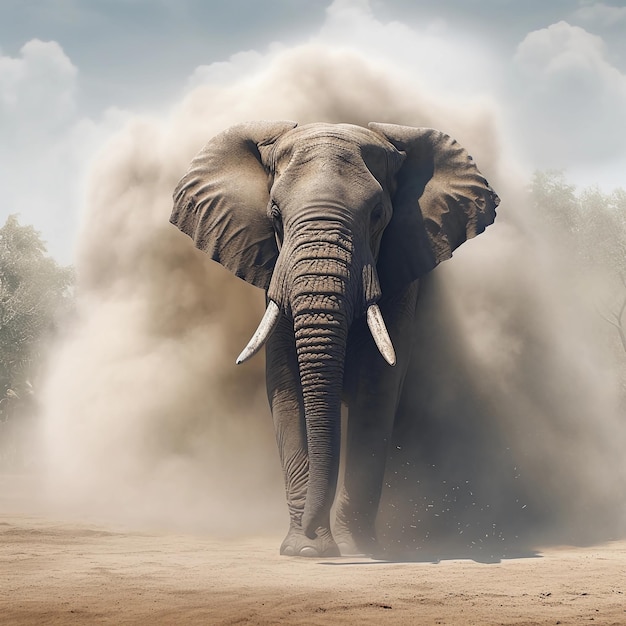 African Elephant running fast to us in a dust cloud