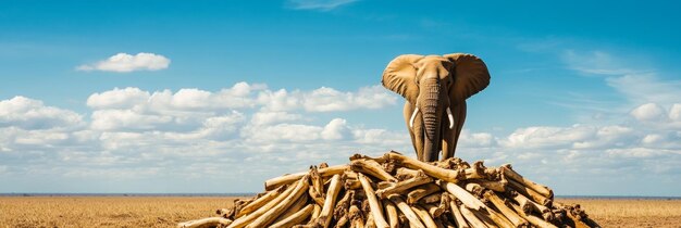 Photo an african elephant stands atop a pile of ivory tusks symbolizing the devastating impact of po