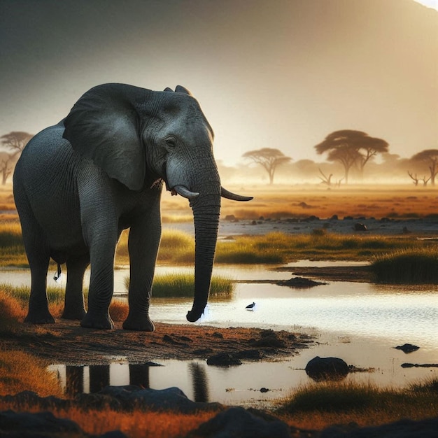 African Elephant stands at edge of water