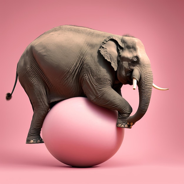 African elephant swinging on an pink ball