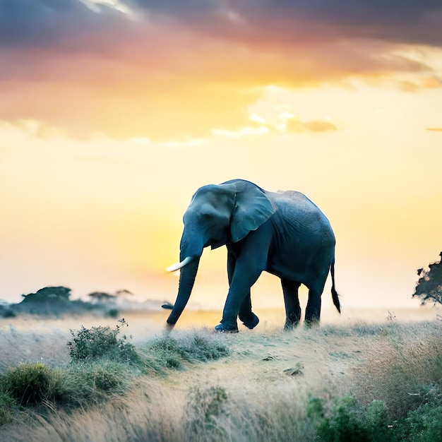 African elephant walking through tranquil savannah landscape generated by AI