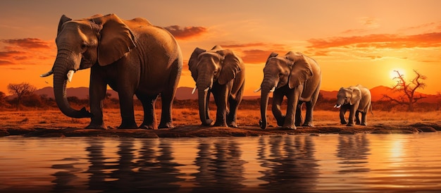 African Elephants at sunset in Chobe National Park Botswana Africa