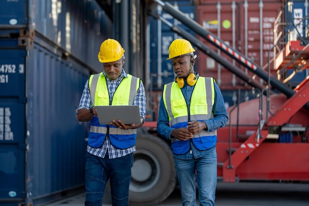 African Engineer Technician holding laptop for checking and inspecting on site containers area