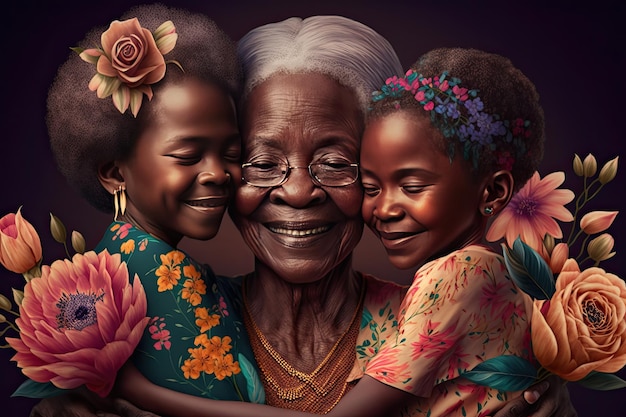 African family Grandmother and her grandchildren with flowers around Different generations Generative AI