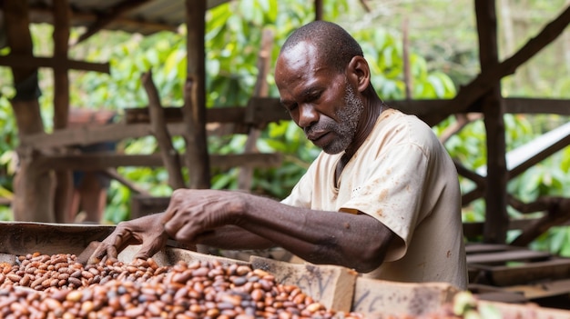 African Farmer Sorting Cocoa Beans at a Plantation