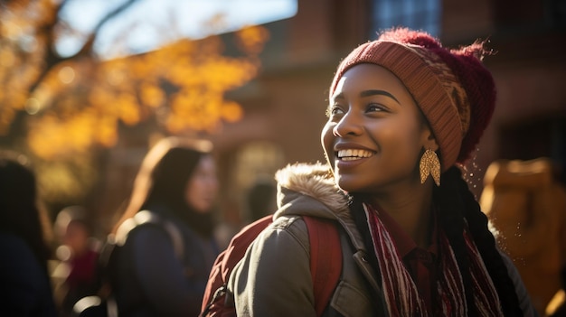 African female student sitting cheerfully on campus