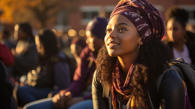 African female student sitting cheerfully on campus