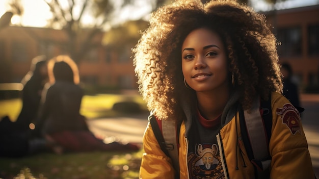 African female student sitting cheerfully on campus