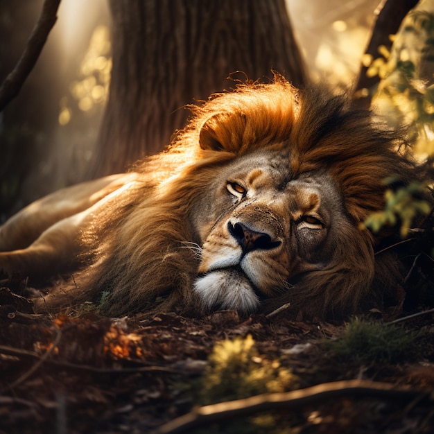 African forest king lion sleep wake image Generative AI