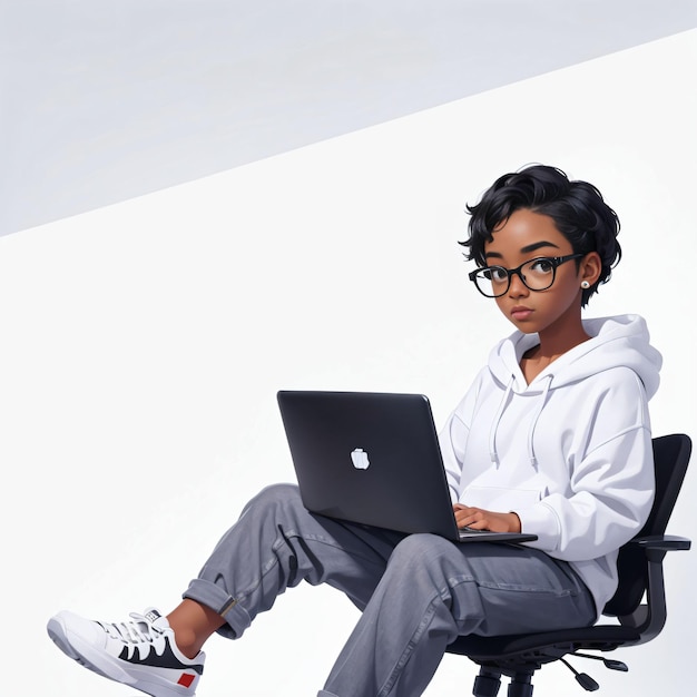 African girl with laptop sitting on the chair