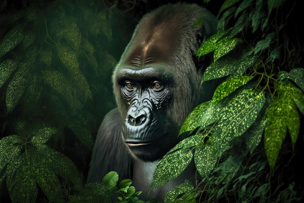 African gorilla with light spots on skin lurked in dense foliage