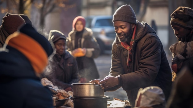 Photo african homeless man in warm clothes eats food volunteers distribute food to the poor outdoors