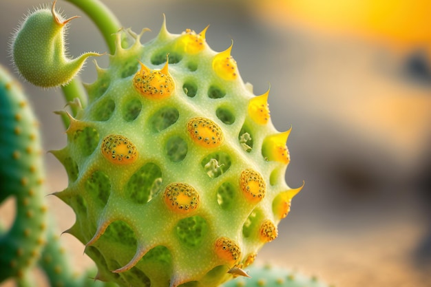 African horned cucumber in selective focus at the organic farm