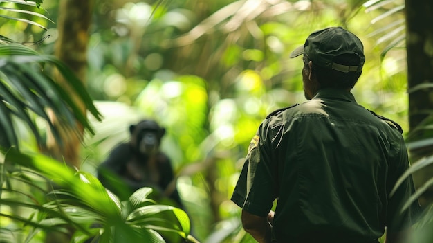 Photo african male ranger observing gorilla in dense jungle vegetation