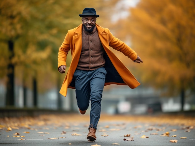 African man in emotional dynamic pose on autumn background