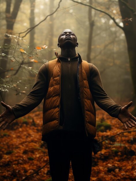 African man in emotional dynamic pose on autumn background