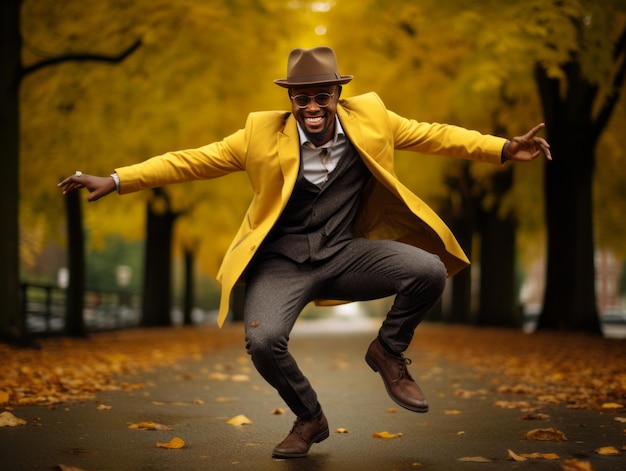 African man in emotional dynamic pose on autumn background