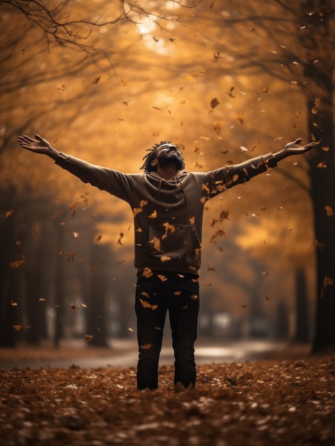 African man in emotional dynamic pose on autumn background