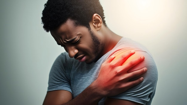 Photo an african man holding his shoulder because he suffers from pain