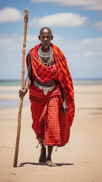 An African Man of the Masai Mara tribe in bright colorful red orange clothes walks barefoot on the Beach of the Sea on a sunny day Travel diversity of Peoples and Races concepts