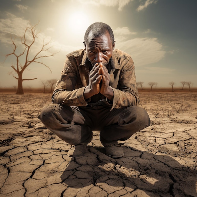 an african man sat bent his knees at dry ground and hands closed on his face global warming