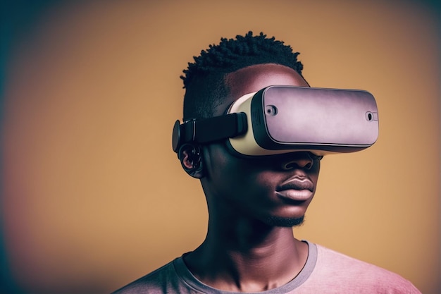 African man wearing virtual reality goggles standing studio clean background