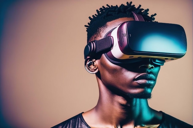 African man wearing virtual reality goggles standing studio clean background