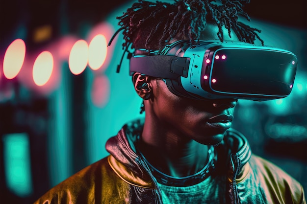 African man wearing virtual reality goggles standing in virtual world background