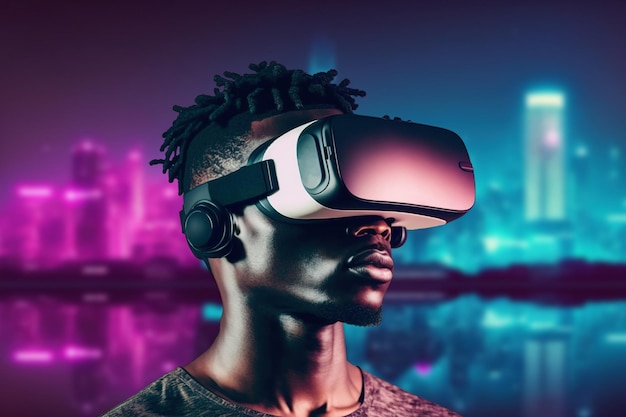 African man wearing virtual reality goggles standing in virtual world background