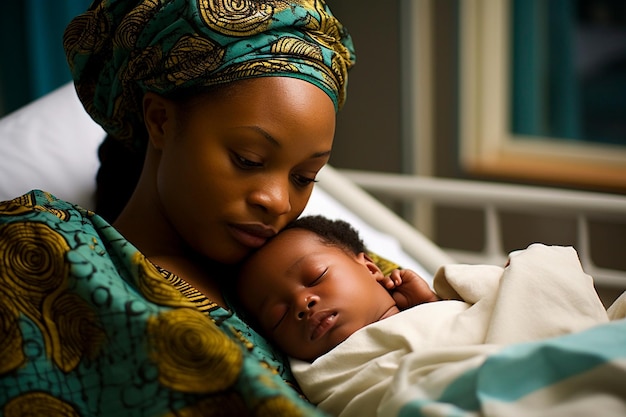 African mother with her newborn baby in a hospital bed